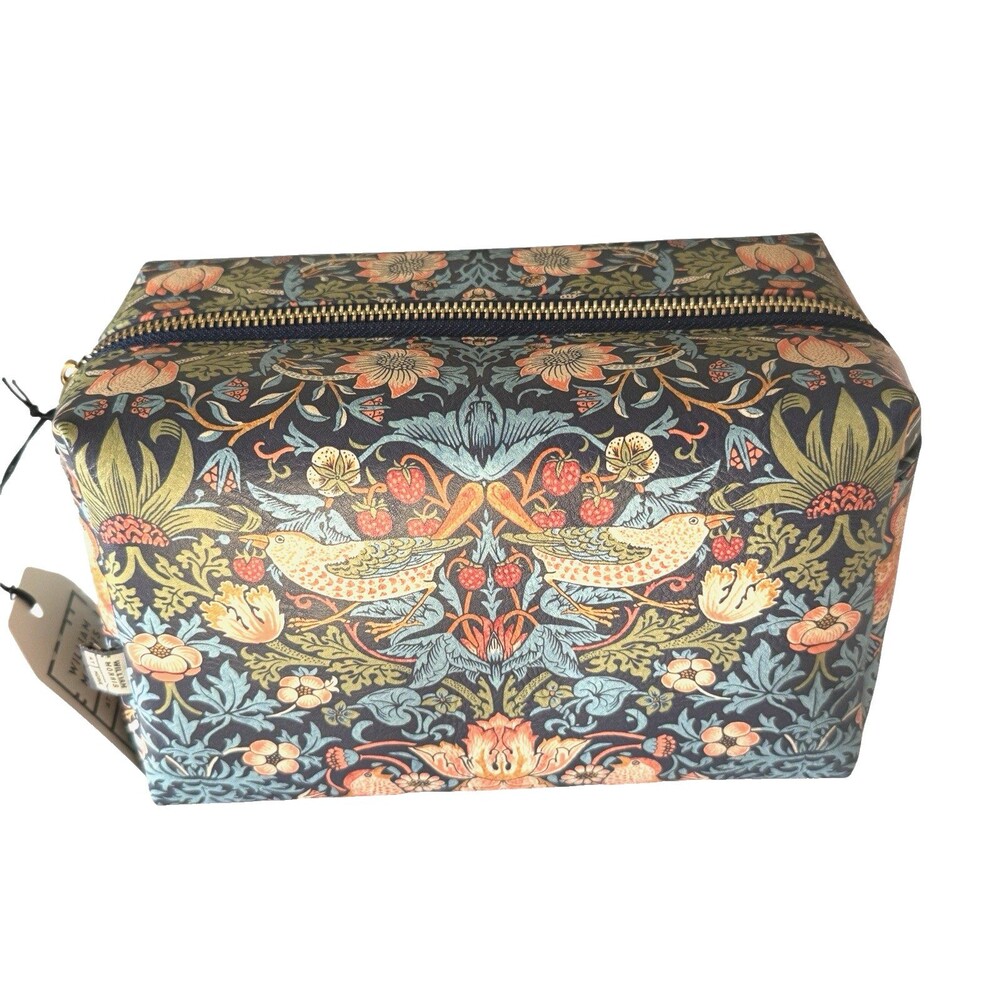 Morris & Co Strawberry Thief Make-up Toiletry Bag Blue Vegan Large Wash Bag 9x6"